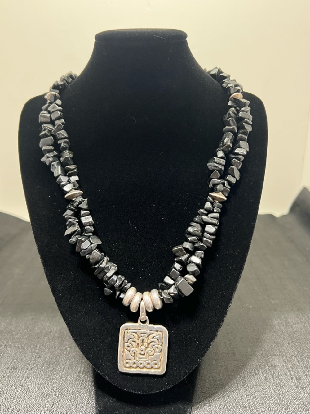 Silver Square Aztec Pendant Natural Black Onyx Bead Cluster Necklace
